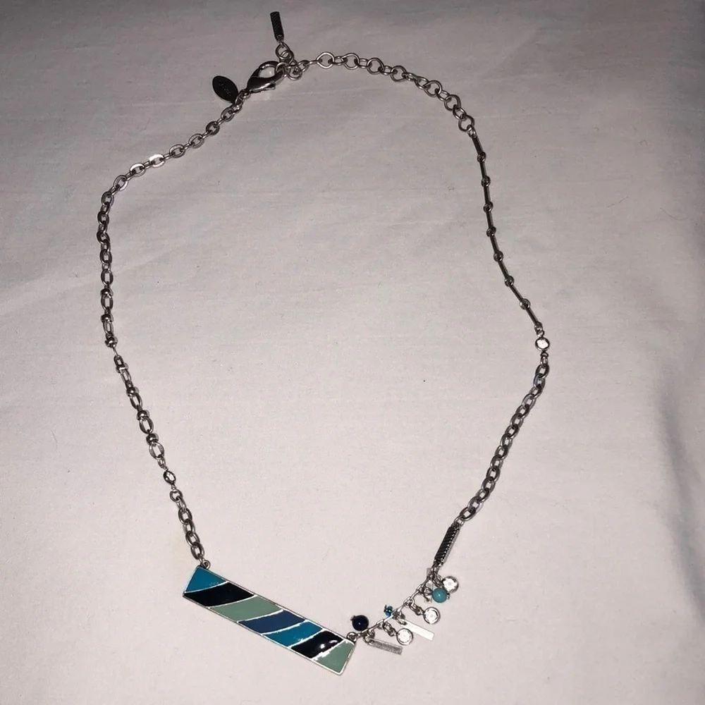 Chicos Blue Striped Bar Necklace Silver Tone